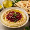 Hummus de Casă cu Tartar de Sfeclă, Ulei de Măsline Extravirgin, Pită Grecească