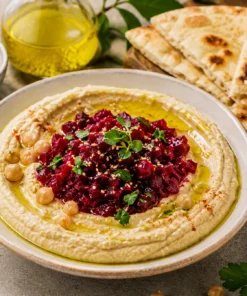 Hummus de Casă cu Tartar de Sfeclă, Ulei de Măsline Extravirgin, Pită Grecească