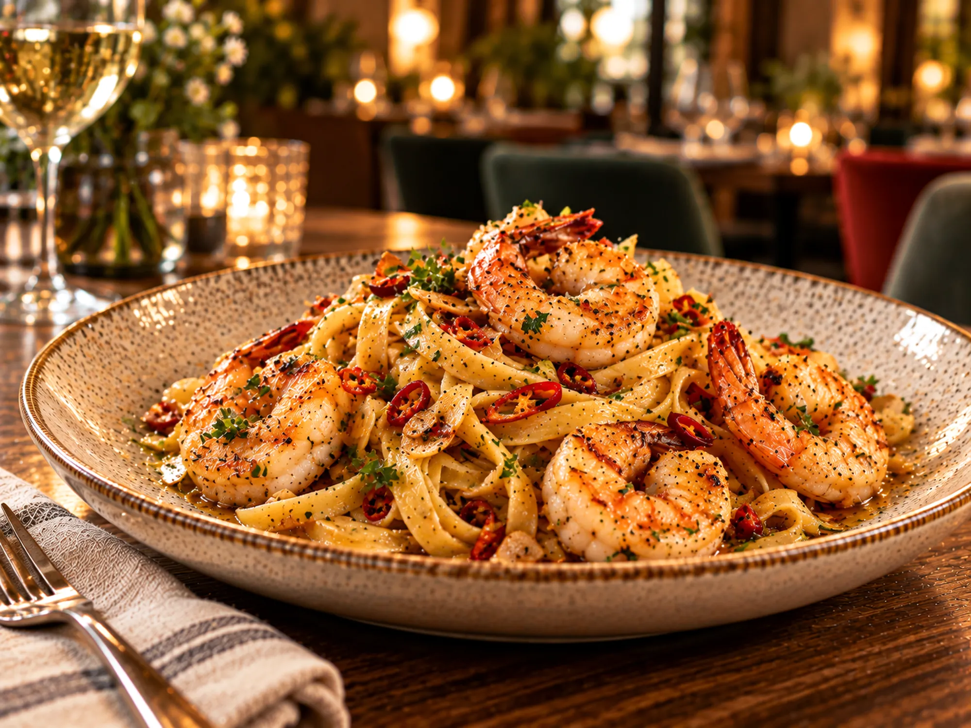Tagliatelle Aglio e Olio cu Creveți Jumbo