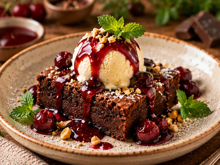 Brownie cu Sos de Vișine și Înghețată de Vanilie